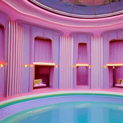 Prompt: a high definition, upscale pastel coloured kodak photograph from a holiday photo album. the photo is a medium frame, 5 0 mm depicting the interior of an elaborate and luxurious alien hotel lobby, furniture and view. the interior was designed by wes anderson. iridescent, transparent corrugated glass, pink concrete, foam. 8 k. architectural. interior.