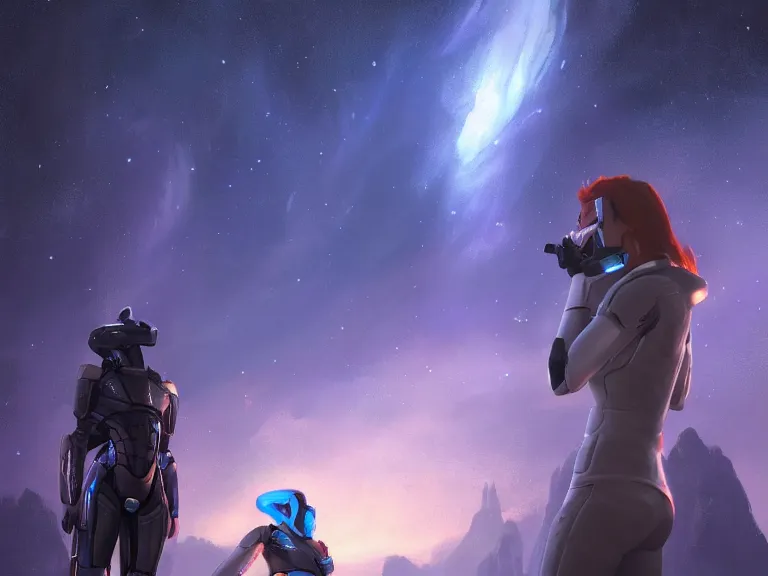 Prompt: A ultradetailed beautiful panting of Jane Shepard and Garrus drink their last drink on a cloudly nebula, oil panting, high resolution 4K, by Makoto Shinkai and Bioware