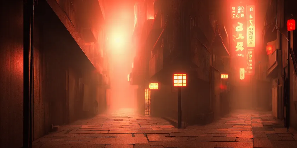 Image similar to a japanese alleyway in the style of blade runner 2049, volumetric lighting,