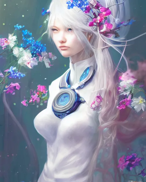 Prompt: kind cyborg girl with flowers, elegant, scifi, futuristic, utopia, garden, colorful, long white hair, technology, vibrant, dreamy, illustration, atmosphere, top lighting, blue eyes, focused, artstation, highly detailed, art by yuhong ding and chengwei pan and serafleur and ina wong