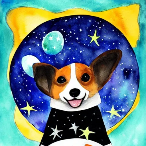 Prompt: watercolor painting of a corgi cosmonaut, blue, stars, cosmic, sci - fi, dripping paint