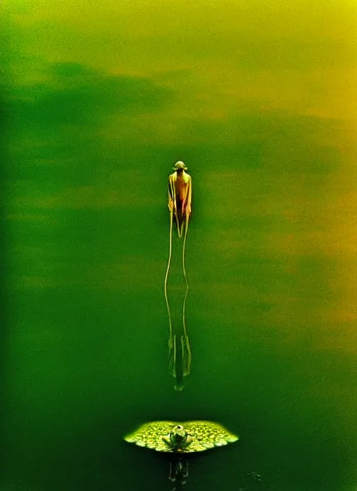 Image similar to “translucent frog amphibian vertically hovering above calm lake waters in jesus christ pose, distant meadow and misty forest horizon, low angle, long cinematic shot by Andrei Tarkovsky, paranormal, eerie, mystical”