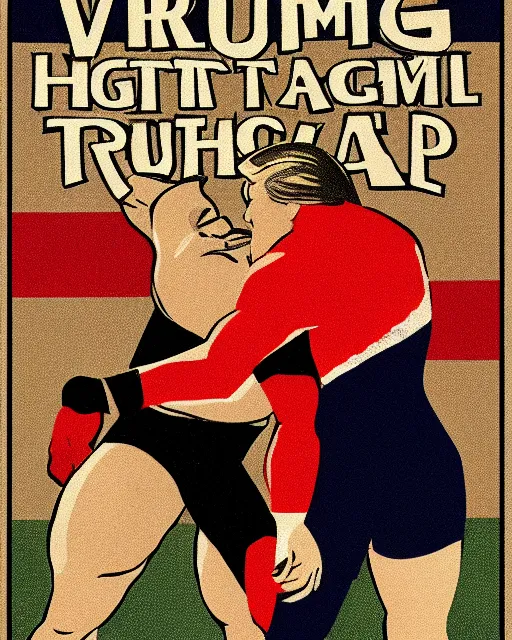 Image similar to vintage illustrated poster of Trump vs Putin wrestling match, hyper realism, high detail, vintage palette, old paper , 8k