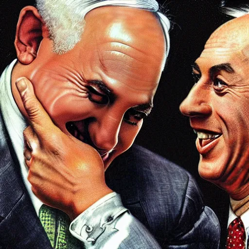 Image similar to benjamin netanyahu laughing hysterically at computer screen, by norman rockwell and michael cheval