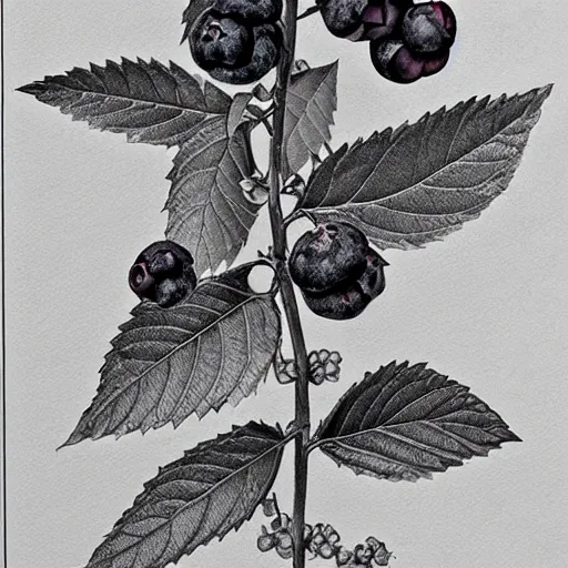 Image similar to botanical drawing of blueberry bush. Detailed art. Color. Rustic. Nordic. Trending on artstation. Detailed. Shrub. Nature. Artistic.