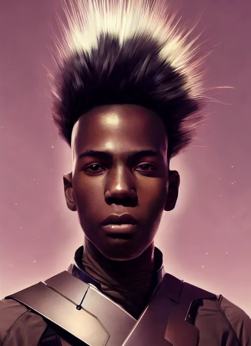 Image similar to portrait of a young black man with a mohawk and a solid black eyes, wearing futuristic techwear highly detailed, digital painting, artstation, concept art, smooth, sharp focus, illustration, art by wlop, uang guangjian and gil elvgren and sachin teng and greg rutkowski