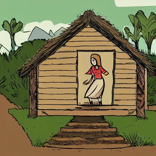 Image similar to a woman riding inside a hut on chicken legs, in the style of Anders Nilsen