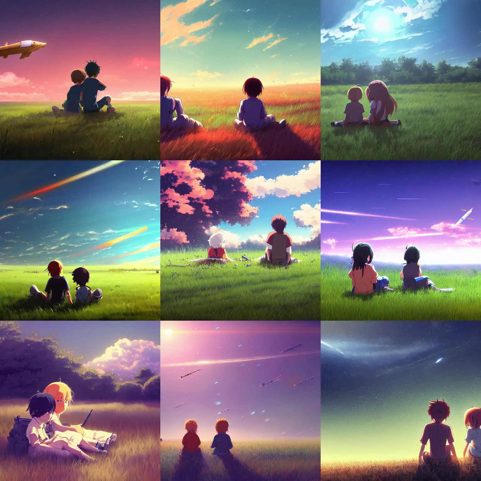 Prompt: beautiful, detailed digital painting of two children sitting on a grass field looking at hundreds spaceships shooting weapons in the sky, anime by Makoto Shinkai, trending on artstation
