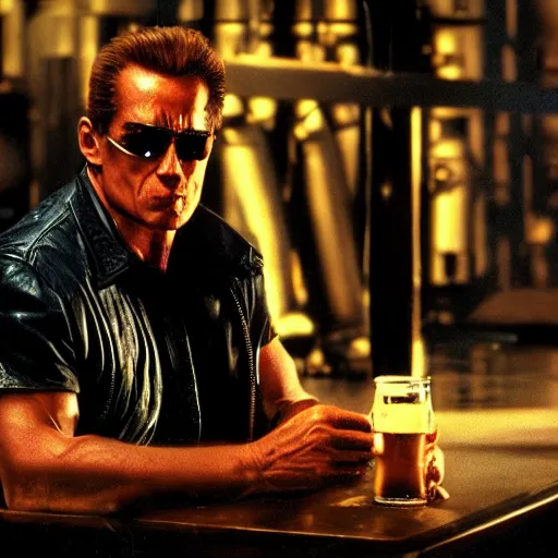 Prompt: The Terminator drinking beer, cinematic lighting