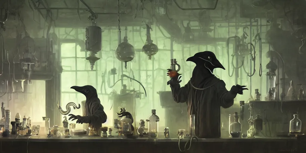 Image similar to a plague doctor and a humanoid rat in a laboratory with lots of flasks filled with magic liquids and green fog, stephen bliss, unreal engine, fantasy art by greg rutkowski, loish, rhads, ferdinand knab, ilya kuvshinov, rossdraws, tom bagshaw, global illumination, radiant soft light, detailed and intricate environment