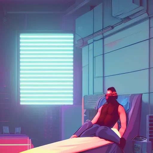 Image similar to a guy sitting on a bed in a room, cyberpunk art by Victor Mosquera, behance contest winner, panfuturism, darksynth, synthwave, retrowave