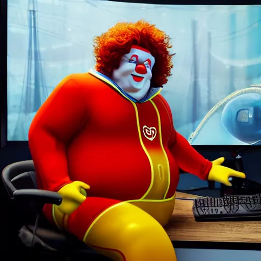 Prompt: obese Ronald Mcdonald wearing a headset yelling at his monitor while playing WoW highly detailed wide angle lens 10:9 aspect ration award winning photography by David Lynch esoteric erasure head