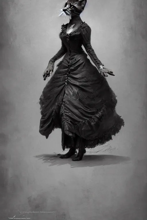 Image similar to wet plate photograph, portrait of an anthropomorphic cat in a victorian - era ballgown, dramatic lighting, highly detailed, digital painting, artstation, concept art, smooth, sharp focus, illustration, art by wlop, mars ravelo and greg rutkowski