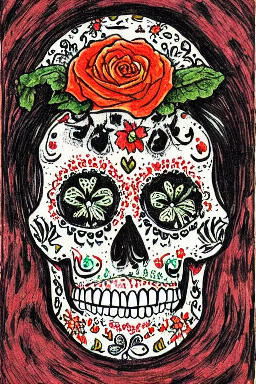 Prompt: Illustration of a sugar skull day of the dead girl, art by hans baluschek