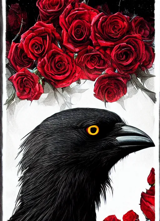 Image similar to portrait, A crow with red eyes in front of the full big moon, book cover, red roses, red white black colors, establishing shot, extremly high detail, foto realistic, cinematic lighting, pen and ink, intricate line drawings, by Yoshitaka Amano, Ruan Jia, Kentaro Miura, Artgerm, post processed, concept art, artstation, matte painting, style by eddie mendoza, raphael lacoste, alex ross