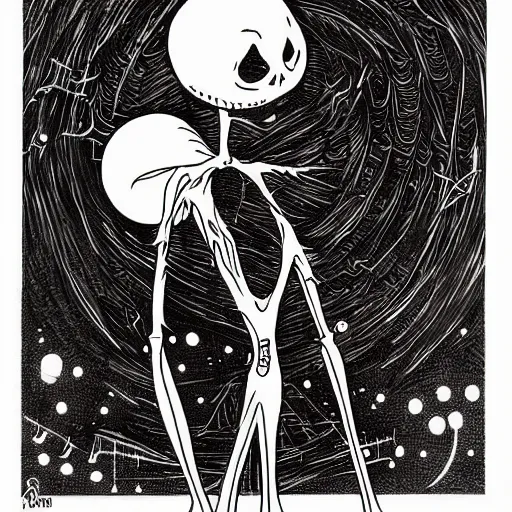 Prompt: “ a nightmare before christmas, jack skellington dances with sally, future world, art style by philippe caza, award winning concept art, highly detailed rendering. ”