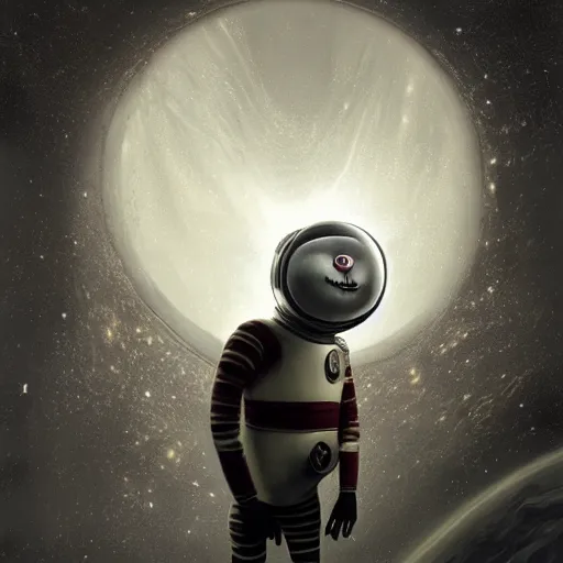 Image similar to michal karcz surrealism drawing of the end of an astronaut happy in the galaxy. , in the style of jack skellington, in the style of a clown, loony toons style, horror theme, detailed, elegant, intricate, 4k, Renaissance painting