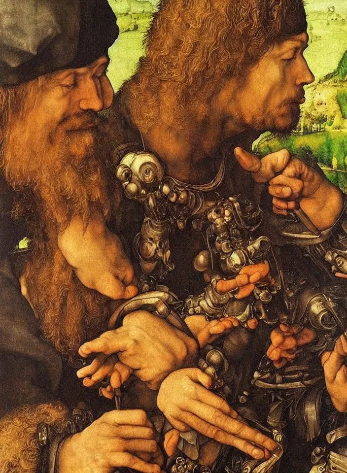 Image similar to Men playing video games. Painting by Albrecht Dürer. Intricate details. hyper realism. Masterpiece.