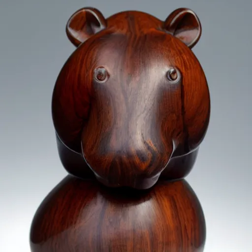 Image similar to a zoomed out studio product shot of a rounded carved smooth cherry wood and resin hippopotamus in profile, like a catalog photograph, where distinct sections of the carving are blue resin, but is mostly wood, with a smooth featureless minimalist short wooden nose with no nostrils, and a round minimalist behind