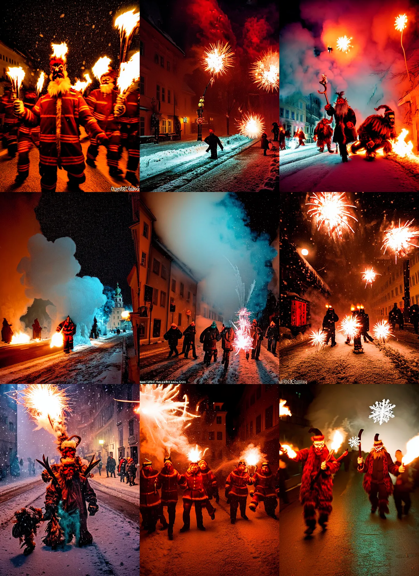 Image similar to kodak portra 4 0 0, winter, snowflakes, hellfire chaos, award winning dynamic photo of a bunch of hazardous krampus between exploding fire barrels by robert capas, motion blur, in a narrow lane in salzburg at night with colourful pyro fireworks and torches, teal lights