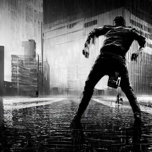 Image similar to a highly detailed epic cinematic black and white cyberpunk painting artwork inspired by Henri Cartier-Bresson's Behind Gare Saint-Lazare, man jumping over a puddle of water. World Press Photo winner, enhanced and corrected in Photoshop, octane render, excellent composition, cinematic atmosphere, dynamic dramatic cinematic lighting, aesthetic, very inspirational, arthouse