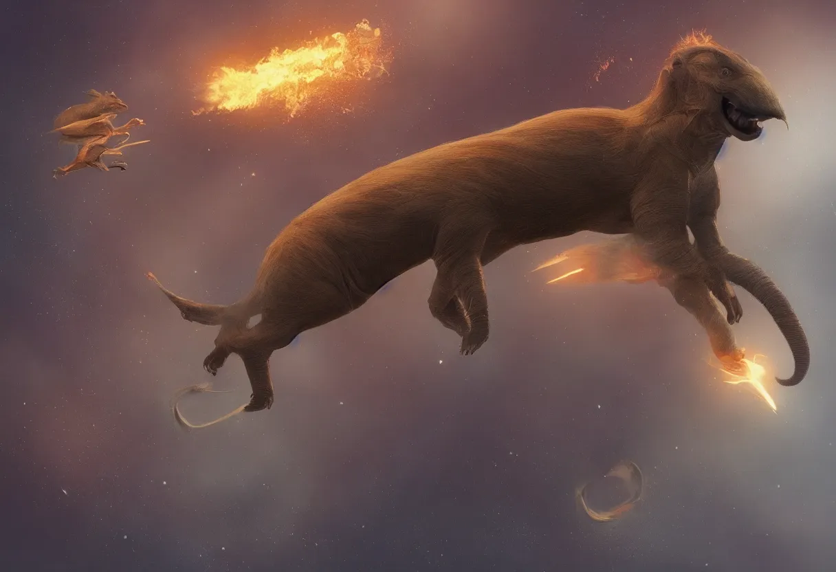 Prompt: a mutant capybara hybrid of velociraptor and elephant floating in space, cinematic, fire, hyperrealistic, trending in artstation, style of wlop