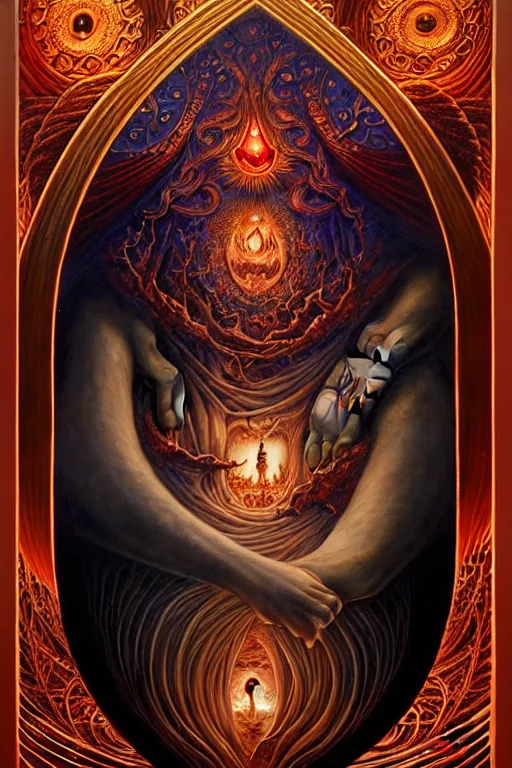 Image similar to A beautiful detailed tarot card, by tomasz alen kopera and Justin Gerard, symmetrical features, ominous, magical realism, texture, intricate, ornate, royally decorated, whirling smoke, embers, red adornements, red torn fabric, radiant colors, fantasy, trending on artstation, volumetric lighting, micro details, 3d sculpture, ray tracing, 8k, anaglyph effect