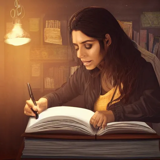 Image similar to a brown female author writing a book with a pen in an eerie cottage in the woods, detailed digital art, trending on artstation, realistic! 8k, anatomically correct