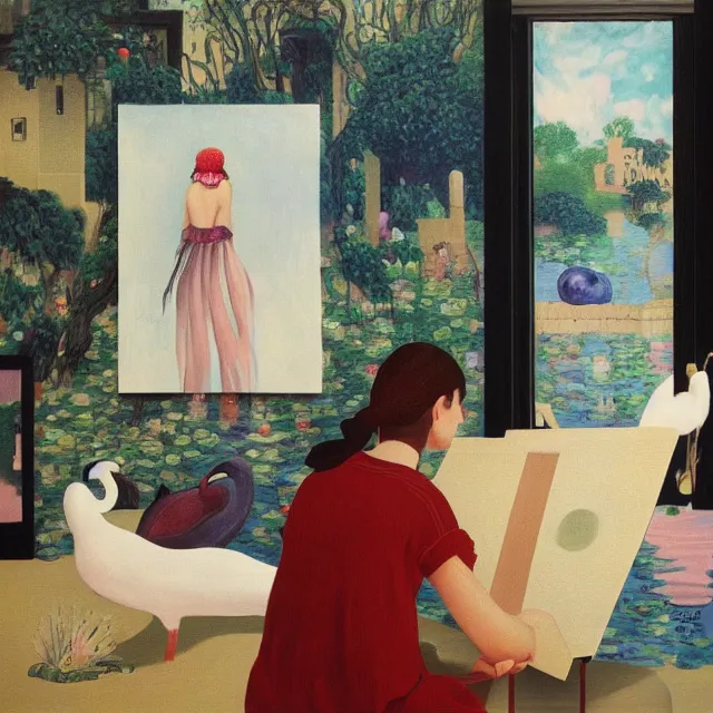 Image similar to female emo art student in her apartment, painting of flood waters inside an artist's feminine bedroom, a river flooding indoors, pomegranates, pigs, ikebana, water, octopus, river, rapids, waterfall, black swans, canoe, berries, acrylic on canvas, surrealist, by magritte and monet