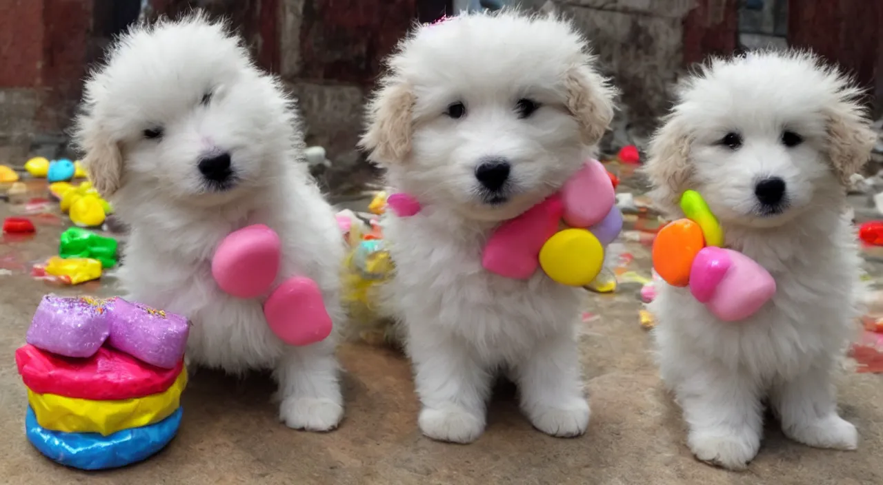 Prompt: a cute fluffy puppy constructed of candy