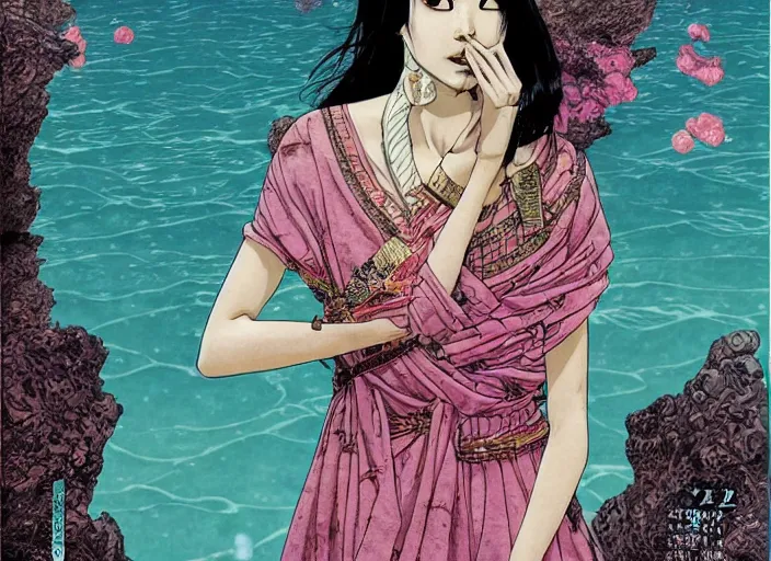 Image similar to lee jin - eun in luxurious dress emerging from pink and turquoise water in egyptian pyramid city during an eclipse by takato yamamoto, nicola samuri, conrad roset, m. k. kaluta, martine johanna, rule of thirds, elegant look, beautiful, chic, face anatomy, cute complexion