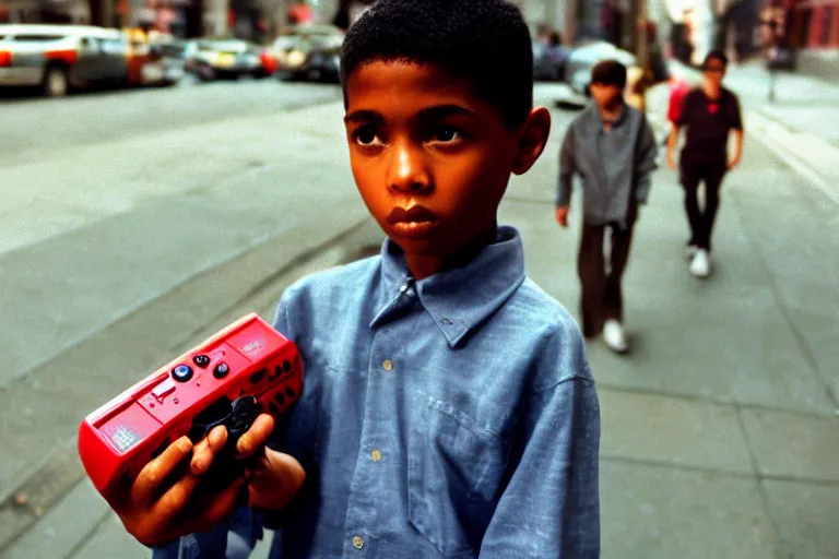 Image similar to closeup potrait of a boy carrying a nintendo 64 in 1996 new york , photograph, natural light, sharp, detailed face, magazine, press, photo, Steve McCurry, David Lazar, Canon, Nikon, focus