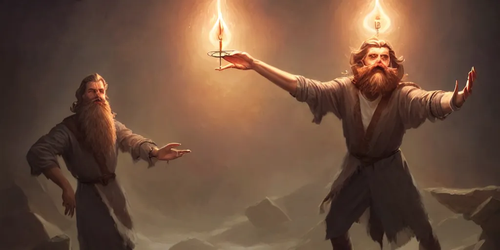 Prompt: a handsome bearded white male wizard with brown hair he is casting a spell emanating from his hands, open hands, sharp focus, waist up, 4 k, by greg rutkowski, rudy siswanto and anna podedworna