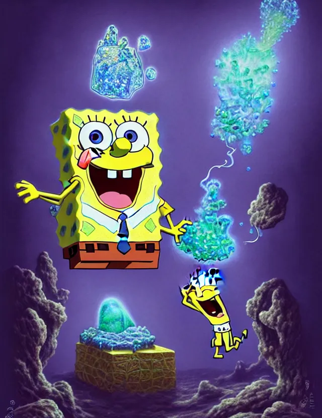 Image similar to front shot of spongebob smoking weed with elon musk, hyperdimensional, bioluminescent hypercubes, crystalline!!! holography!!!, (((intricate))), elegant, highly detailed, centered, (((artstation, concept art, smooth, sharp focus, artgerm, Tomasz Alen Kopera, Peter Mohrbacher, donato giancola, Joseph Christian Leyendecker, WLOP, Boris Vallejo))), mugshot!!!!!, ugly!!!!!!, octane render, nvidia raytracing demo, grainy, muted, 8K, digitalblasphemy