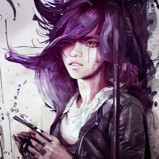 Prompt: highly detailed portrait of a moody post-cyberpunk young lady with a wavy blonde hair, by Dustin Nguyen, Akihiko Yoshida, Greg Tocchini, Greg Rutkowski, Cliff Chiang, 4k resolution, nier inspired, graffiti inspired, tessa thompson inspired, vibrant but dreary but upflifting purple, black and white color scheme!!! ((Graffiti tag brick wall background))