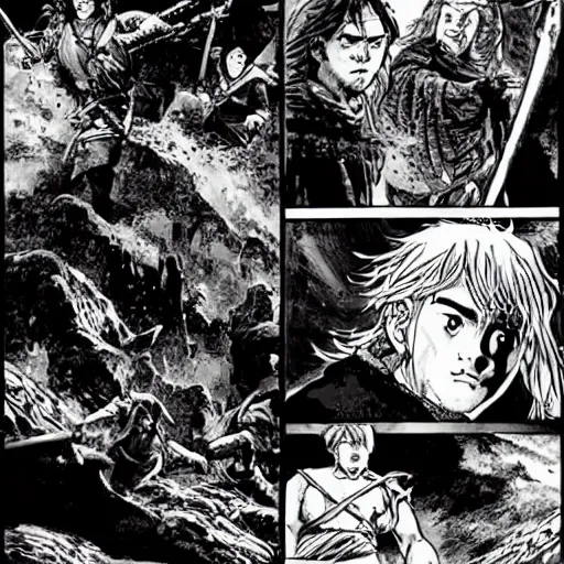 Image similar to the fellowship of the ring in the style of Akira manga epic action scene