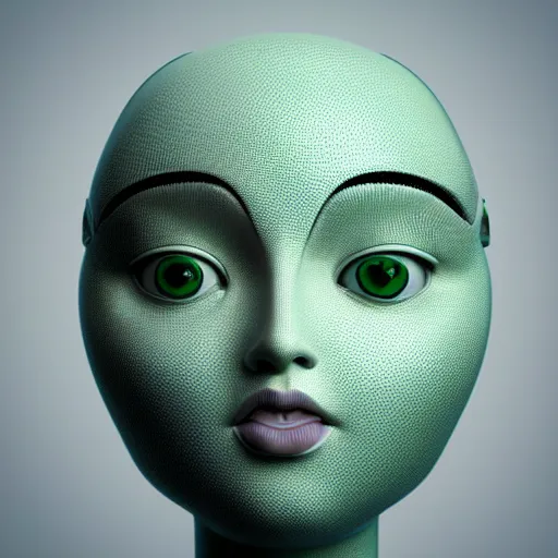 Image similar to 3 d render portrait of a female porcelain robot, symmetrical, mid thirties, cute round green slanted eyes, porcelain skin, wide nostrils, chubby cheeks, high flat eyebrows, ethereal essence, angelic, tiny mouth, leica 1 0 0 mm f 0. 8