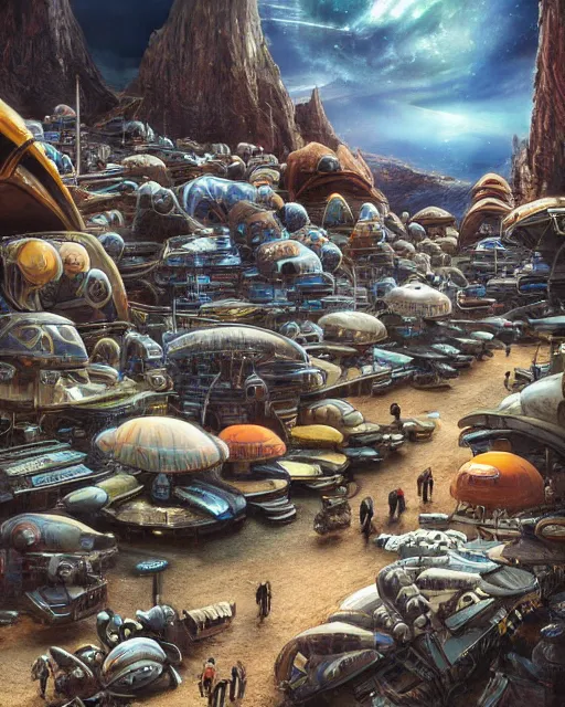 Image similar to a market stall on an alien planet. sci - fi. strange. detailed. meticulously rendered. hyperdetailed. trending on artstation. imax. deviant art. epic sky. astrophotography.