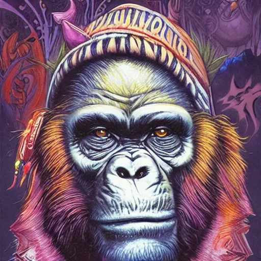 Prompt: psychedelia man disguised as a chimpanzee jean sebastien rossbach jeff easley jen bartel staedtler