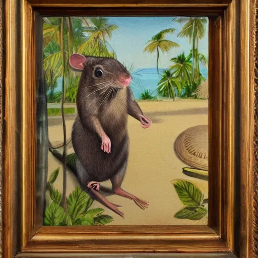 Image similar to brown rat at a tropical beach wearing edwardian style dress oil on canvas