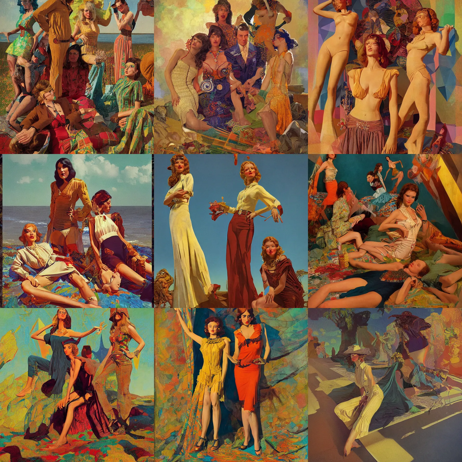 Image similar to pulp art, 1970s hippie cloth style, artwork by Joseph Leyendecker and Hugh Ferriss and gil elvgren and ilya repin and sergey kolesov, geometric shapes, impressionism, soviet paintings, 3d octane blender render, progressive rock album cover