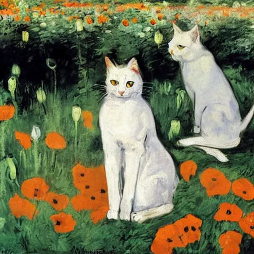 Prompt: a couple whith a white cat with yellow eyes in a field of poppy, by manet