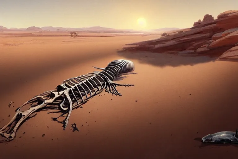 Image similar to whale skeleton on a desert, by greg rutkowski, trending on artstation, masterpiece