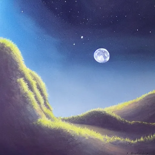 Image similar to large landscapes from another world, dark - blue themed, beautiful painting, very detailed fauna and flora, enhance lighting, many moons are visible in the sky