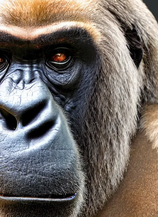 Prompt: platon closeup photograph of harambe in a suit, photorealistic, studio lighting, ektachrome, detailed, intricate, face detail