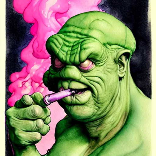 Image similar to a realistic and atmospheric watercolour fantasy character concept art portrait of slimer from ghostbusters with pink eyes wearing a wife beater and smoking a huge blunt by rebecca guay, michael kaluta, charles vess and jean moebius giraud