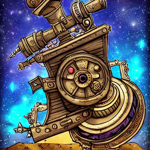 Image similar to steampunk telescope looking at the starry sky, hearthstone coloring style, epic fantasy style art, fantasy epic digital art