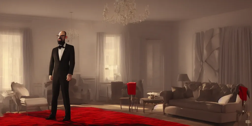 Prompt: gorgeous 3d render of VSauce in a tuxedo and red bow tie ominously standing in a living room, realistic volumetric lighting, realistic reflections, rendered by Octane, highly realistic, 4k wallpaper, trending on Artstation, by Leonid Afremov