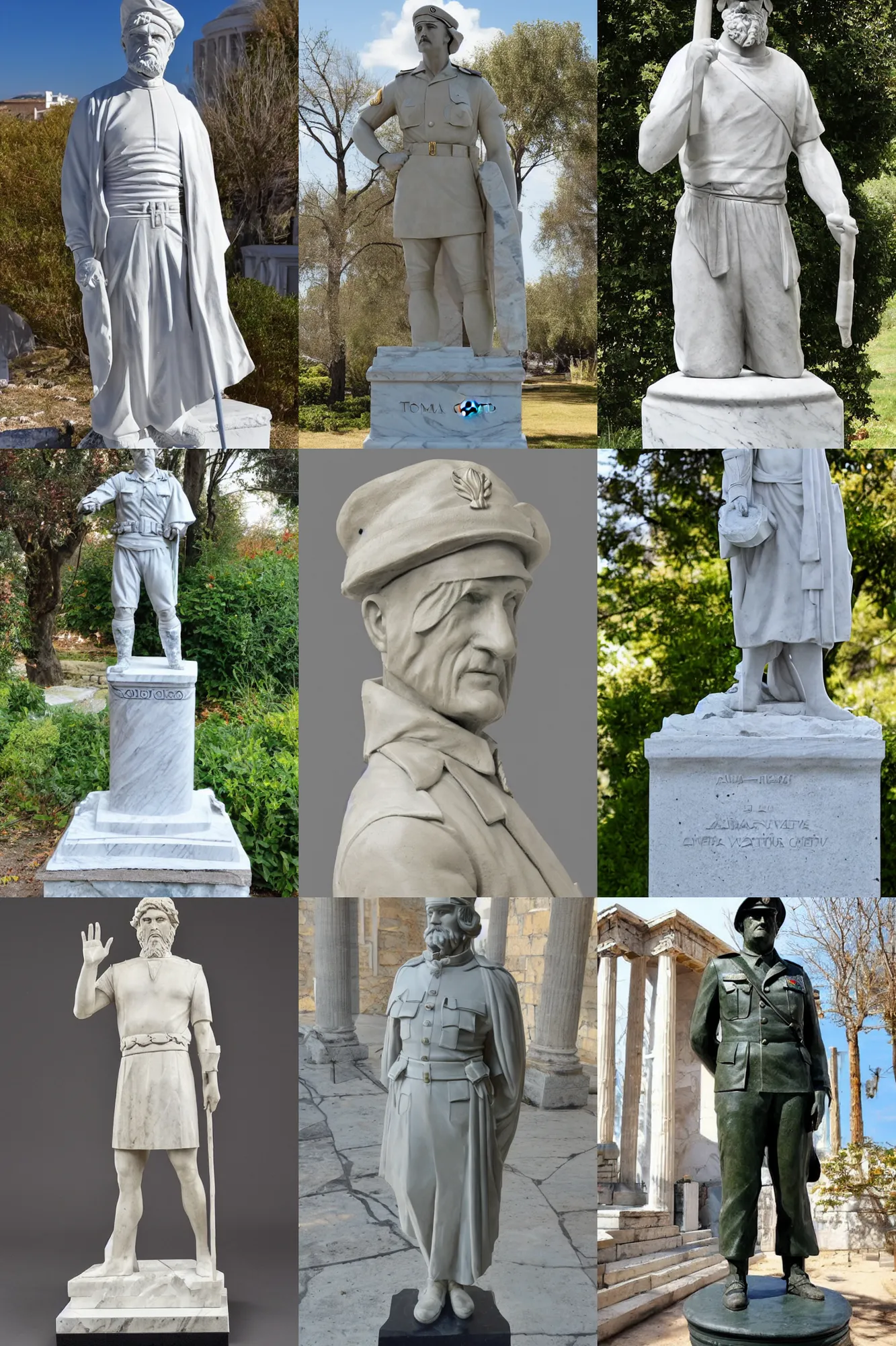 Prompt: a greek style marble statue of the military veteran captain tom moore