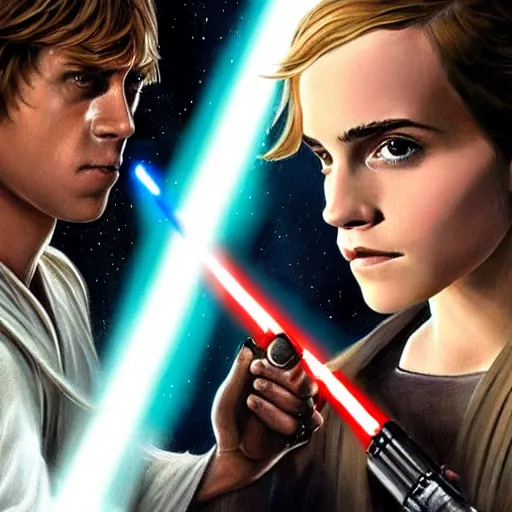 Image similar to a beautiful painting of Emma Watson fighting Luke Skywalker with a lightsaber, realistic Star Wars still